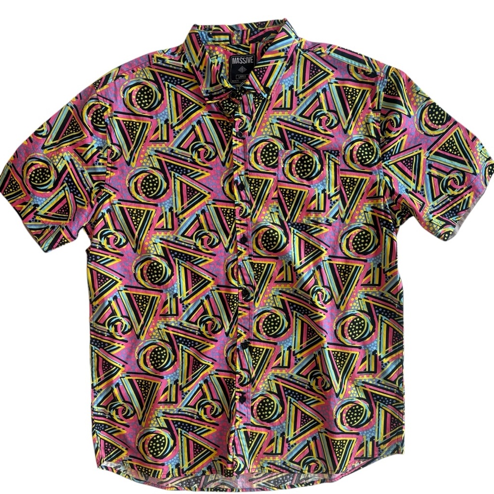 Super Massive Men’s Geometric Neon 80s Retro Short Sleeve Button Up Size Large